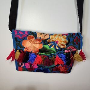Mexican Embroidered Floral Clutch Crossbody Purse Tassel Handmade Artesanal